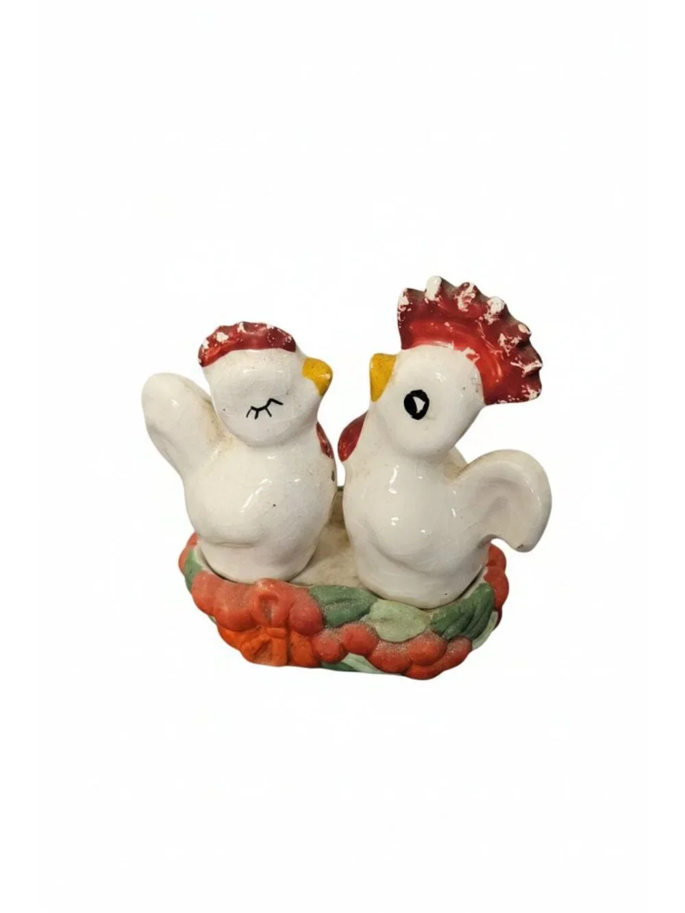 Vintage Ceramic Salt & Pepper Shakers Roster Hen Nestled in Basket - ITEM #2302